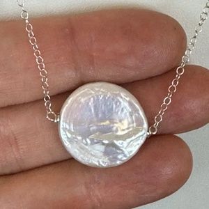17.8mm White Coin Pearl Hand Wired to 925 Sterling Silver Chain - 17 Inches